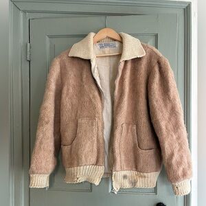 Vintage Tan Wool Bomber Jacket with Cream Rib Collar